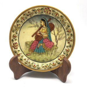Hand-painted Collectible India Decorative Marble Plate with Wood Stand-Gold Trim