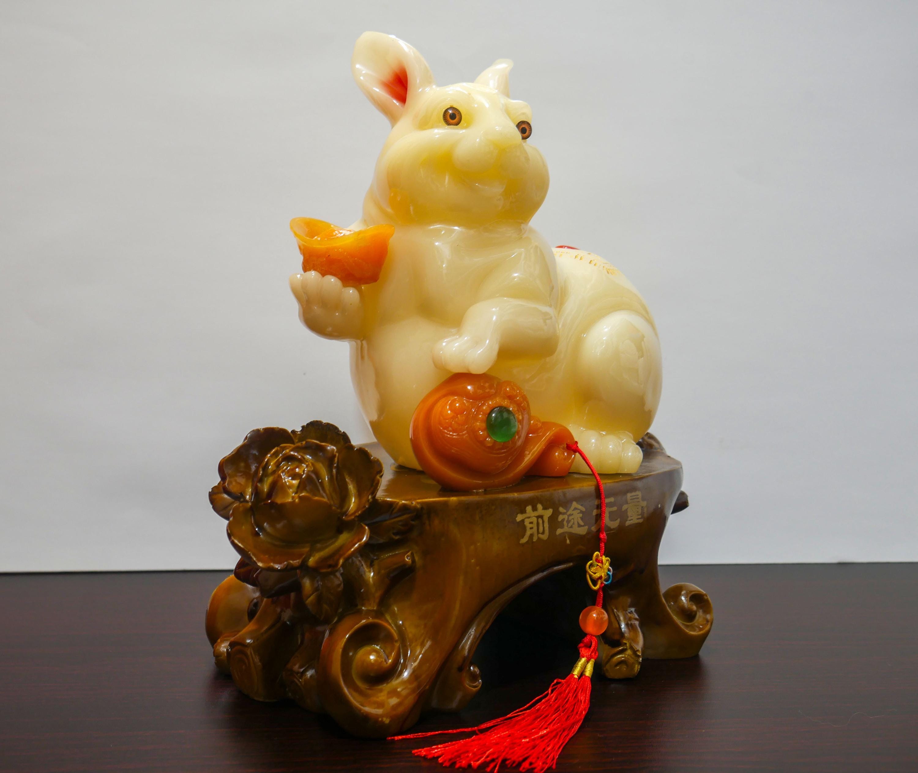 Vintage Chinese Feng Shui Zodiac Rabbit Fortune Blessing Resin Statue ...
