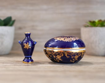 Vintage Limoges Castel Porcelain Trinket Cobalt Egg Gold Trim and Retired Miniature Urn