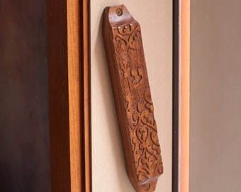 Mezuzah Home Blessing Jewish Wooden Mezuzah Case Handcrafted Ornamental Design 9"