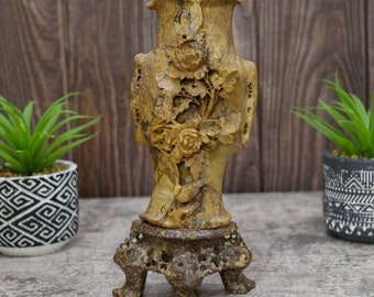 Vintage Chinese Soapstone Hand Carved Floral Vase on Stand - Collectible Vase Decor 9.75" Tall