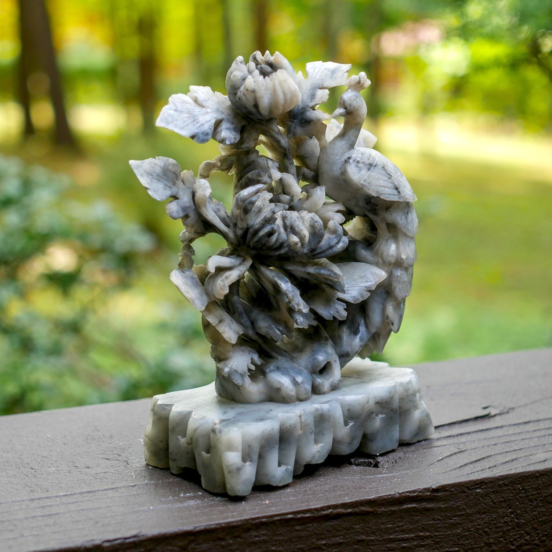 Chinese Carved Natural Soapstone Phoenix Flowers on Stand Statue Decor