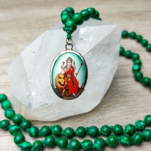 India Goddess Durga Ma Hinduism Pendant Man-made Malachite Beaded Necklace