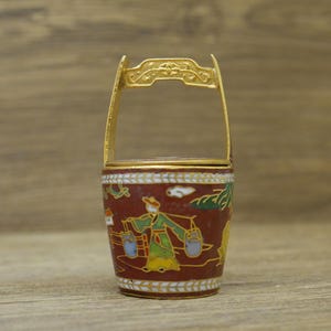 Vintage Miniature Chinese Cloisonne Water Bucket Collectible With Lid - 2.5&quot; Tall