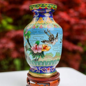 Vintage Chinese Enameled Cloisonné Vase On Wooden Stand | Ethnic Home Decor Vase