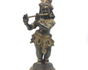 Vintage Krishna Statue | Fluting Krishna Handmade Deity Sculpture -  10.25" Tall