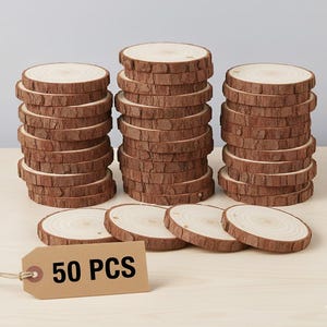 Fatias de madeira de pinho lixadas com furos, 50 peças pequenas para artesanato DIY, enfeites de 3 a 7 cm