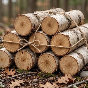 Może przedstawiać: Stos ośmiu cylindrycznych kłód brzozowych z białą, papierową korą i jasnobrązowymi końcami słojów drewna, ułożonych w kształt piramidy i związanych cienkim sznurkiem w naturalnym kolorze, zawiązanym w kokardę na środku z przodu.