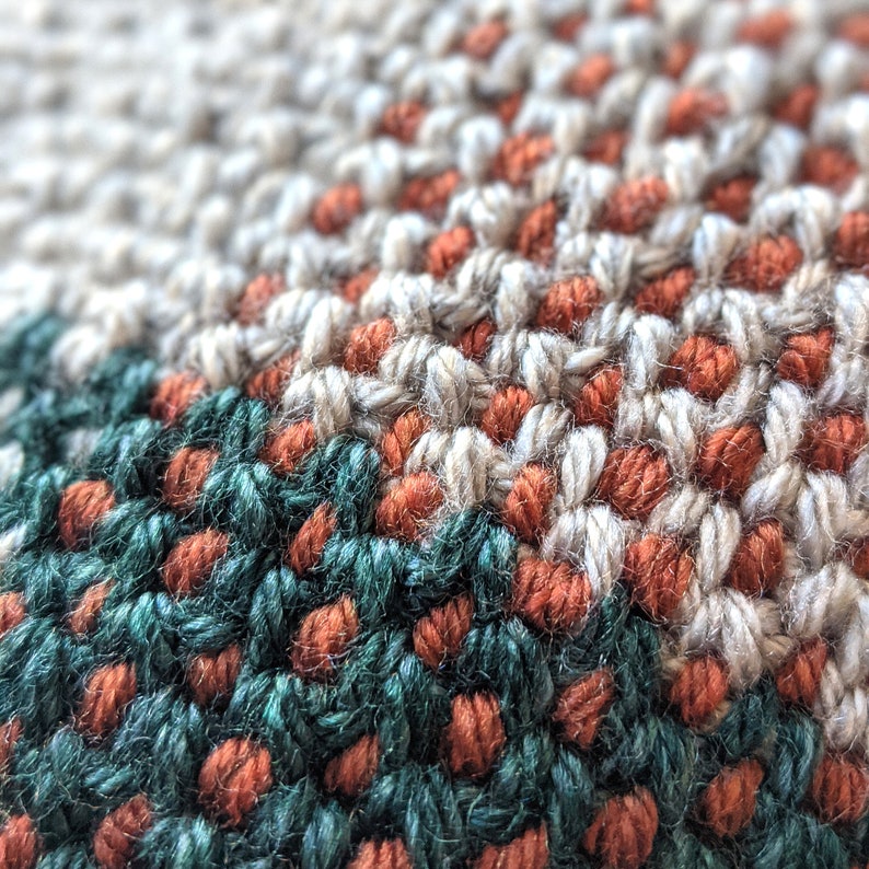 A closeup detail of a rectangular, woven-looking pillow in burnt orange, forest green and cream colours
