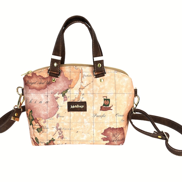 Ladies Domed Handbag - Crossbody Style - Old World Vinyl Print - Faux Leather