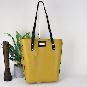 Leather Tote Bag: Mustard Yellow Rivet Shoulder Bag
