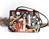 Women 39 s Shoulder Bag - Ladies Tote Bag - Faux Leather Cotton - Gift for Traveler - Christmas Gift - Edgy Satchel - Día de Muertos - Fun