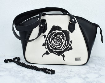 Women's Black & White Handbag - Faux Leather Purse for a Lady - Large Satchel - Professional Style for Office Executive