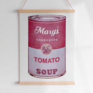 A SOPA DE WARHOL DA AGUARELA nomeou a arte feita sob encomenda de Digitas da letra | Quarto infantil para berçário de arte pop moderna com gráfico colorido Campbell's para impressão