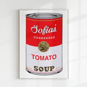 CAMPBELL SOUP x WARHOL Nome personalizado Carta personalizada Arte digital | Arte pop moderna gráfica colorida para impressão Berçário Família Crianças Sala de jogos