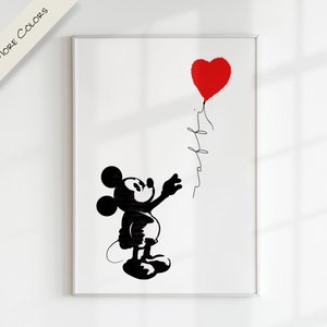 Balão personalizado com nome Banksy x Mickey Mouse, letra e arte digital | Arte gráfica minimalista moderna para impressão, berçário, sala de jogos para crianças e família