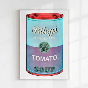A SOPA DE WARHOL DA AGUARELA nomeou a arte feita sob encomenda de Digitas da letra | Quarto infantil para berçário de arte pop moderna com gráfico colorido Campbell's para impressão