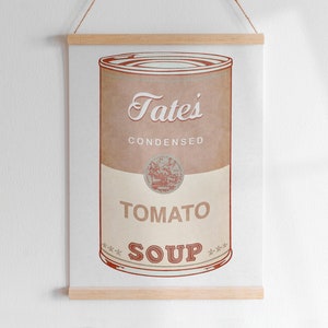 A SOPA DE WARHOL DA AGUARELA nomeou a arte feita sob encomenda de Digitas da letra | Quarto infantil para berçário de arte pop moderna com gráfico colorido Campbell's para impressão