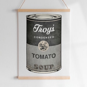 A SOPA DE WARHOL DA AGUARELA nomeou a arte feita sob encomenda de Digitas da letra | Quarto infantil para berçário de arte pop moderna com gráfico colorido Campbell's para impressão