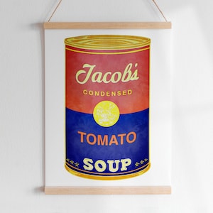A SOPA DE WARHOL DA AGUARELA nomeou a arte feita sob encomenda de Digitas da letra | Quarto infantil para berçário de arte pop moderna com gráfico colorido Campbell's para impressão