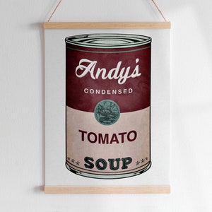 A SOPA DE WARHOL DA AGUARELA nomeou a arte feita sob encomenda de Digitas da letra | Quarto infantil para berçário de arte pop moderna com gráfico colorido Campbell's para impressão