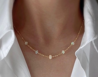 Ethiopian Opal Beaded Necklace, 14K Gold Plated Chain