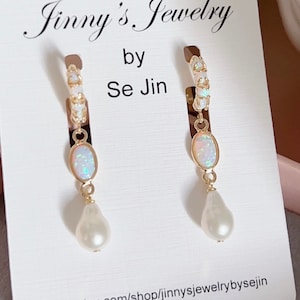 Freshwater Pearl Opal Charm Huggie Earrings/ Dainty Charm Earrings/ Minimalist Jewelry/ Birthday Gift for Women