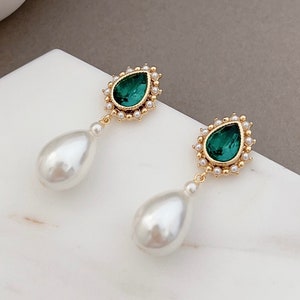 Teardrop Pearl Emerald Earrings/ Statement Earrings/ Special Gift For Women/ Antique Earrings