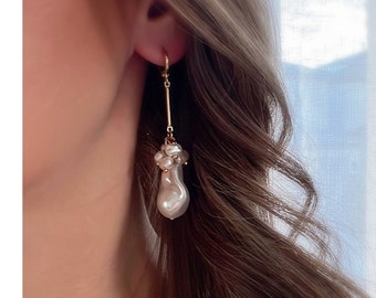Baroque Pearl Dangle Earrings, Gold Huggie Earrings