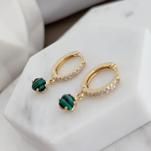 Malachite Huggie Earrings/ Tiny Gemstone Charm Earrings/ Bridal Earrings/ Wedding Earrings/ Statement Earrings