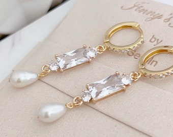 Freshwater Pearl Huggie Earrings/ Dainty Charm Earrings/ Bridal Earrings