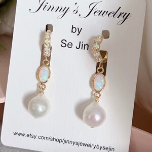 Baroque Pearl Opal Charm Huggie Earrings/ Dainty Charm Earrings/ Minimalist Jewelry/ Birthday Gift for Women