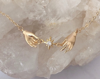 Gold Hand Star Necklace, Dainty Celestial Jewelry