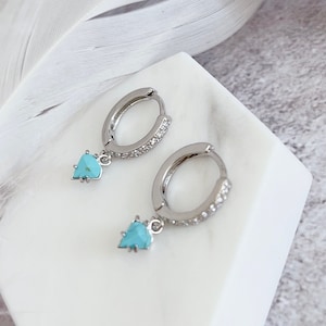 Turquoise CZ Huggie Earrings/ Tiny Gemstone Charm Earrings/ December Birthstone Gift/ Birthday Gift For Her/ Minimal Earrings