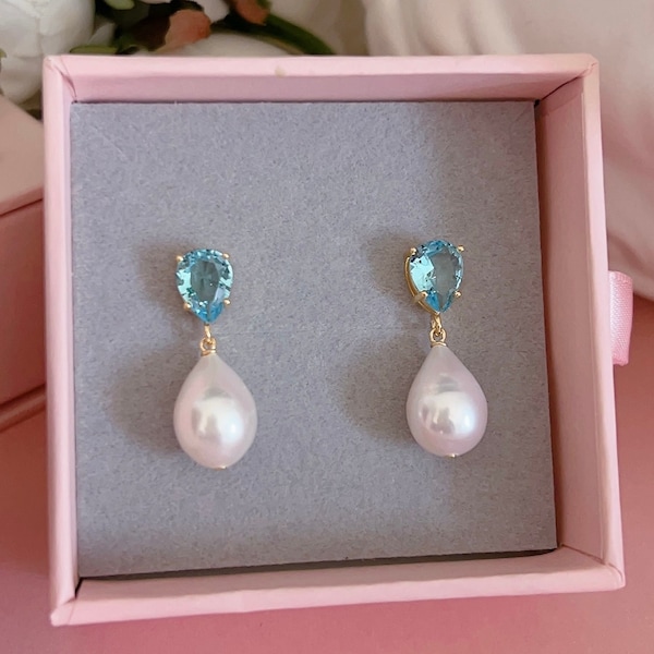 Boucles d'oreilles aigue-marine en perles d'eau douce/ Boucles d'oreilles élégantes/ Boucles d'oreilles avec pierre de naissance/ Cadeau spécial pour elle