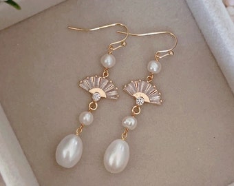 Baroque Freshwater Pearl Dangle Earrings, 18K Gold Fan