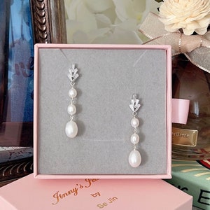 Freshwater Pearl Droplets Earrings/ Bridal Earring/ CZ Paved Leaf Earrings