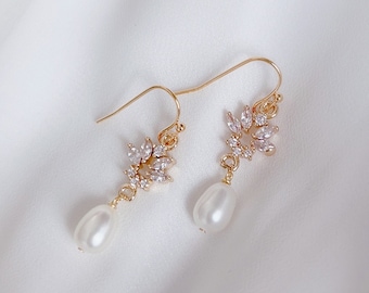 Freshwater  Pearl Earrings/ CZ Paved Fan charm drop earrings/ Bridal Earrings/ Bridesmaids Gift/ Wedding Jewelry