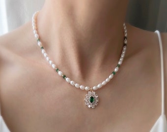 Freshwater Pearl Necklace with Emerald & Gold Pendant