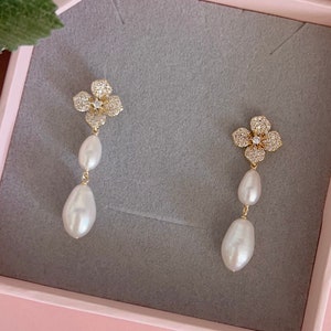 Freshwater Pearl CZ Paved Flower Post Pearl Earrings/ Bridal Earrings/ Wedding Jewelry/ Bridesmaids Earrings/ Special Gift For Women