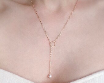 GOLD FILLED Adjustable Lariat Pearl Drop Necklace/ Lariat Dainty Necklace/ Adjustable Necklace/ Y-Necklace