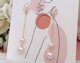 Crystal Pearl Drop Earrings, Gold Plated Chain, Cubic Zirconia