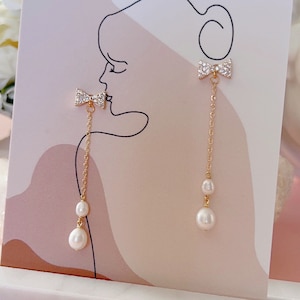 Mini bow tie Pearl dangle earrings/ Special gift for women/ minimal earrings/ Lovely earrings