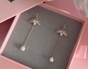 Freshwater Pearl Earrings/ CZ Paved leaf charm drop earrings