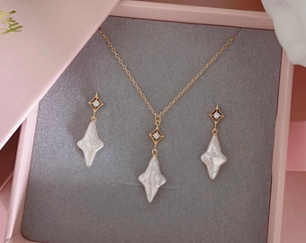 Set- Pearl Lariat Necklace/ Star Pearl Necklace/ Pearl Necklace/ Bridal Necklace/ Wedding Jewelry