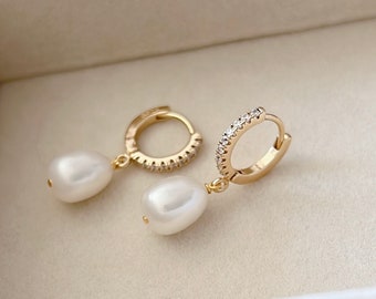 CZ Paved Huggie Freshwater Pearl Dangled Earrings/Minimal Earrings/ Pearl Drop Earrings/ Special Gift For Women