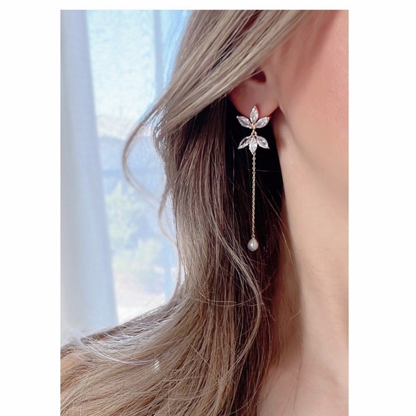 Baroque Pearl Earrings/ CZ Paved Leaf charm drop earrings