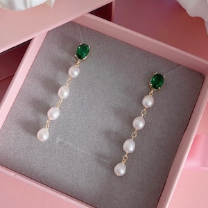 Freshwater Pearl Emerald Earrings/ Elegant Earrings/ Birthstone Earrings/ Special Gift For Her