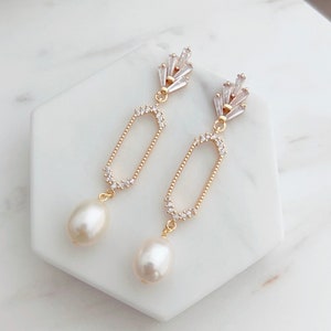 Freshwater Pearl Droplets Earrings/ Bridal Earring/ CZ Paved Leaf Earrings