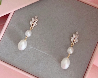 Freshwater Pearl Droplets Earrings/ Bridal Earring/ CZ Paved Leaf Earrings